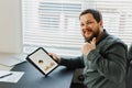 Successful businessman showing thums up and using tablet with graphs.