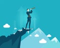 Successful businessman stay on top of mountain pick and watching for new business opportunity. Winning and achievement concept Royalty Free Stock Photo