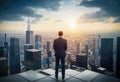 successful businessman in suit standing on rooftop, CEO looking through window at big city buildings, planning new project. Royalty Free Stock Photo