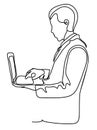 Successful businessman in suit stands sideways, holding laptop at hands. Business concept illustration. Continuous line drawing. I Royalty Free Stock Photo