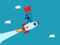 Successful businessman takes initiative holding a flag on a flying rocket. business concept