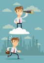 Successful businessman with telescope on cloud