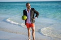 Successful businessman on vacation. Businessman in suit with watermelon in sea. business man on summer vacation