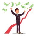 Happy Businessman Vector. Money Bills Falling. Royalty Free Stock Photo