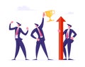 Successful Businessmen Celebrate Victory Posing with Huge Red Arrow and Golden Goblet, Demonstrate Muscles Royalty Free Stock Photo