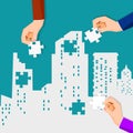 Successful businessmen join each puzzle. The idea of mergers and acquisitions or creative cooperation