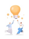 successful businesspeople couple holding light lamp new idea creative project concept full length isolated