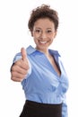 Successful businesswoman in blue - close up of thumbs up isolat