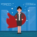 Successful businesswoman or broker in suit and red cape on city