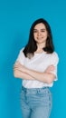 Successful Businesswoman in Casual Attire - Confident Female Office Manager with Crossed Arms - Isolated on Blue Royalty Free Stock Photo