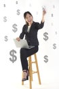 Successful businesswoman smile and very happy because got money from success new project on white dollar background Royalty Free Stock Photo