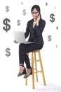 Successful businesswoman smile and very happy because success in the new project on white dollar background Royalty Free Stock Photo