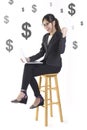 Successful businesswoman smile and very happy because success in the new project on white dollar background Royalty Free Stock Photo