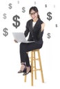 Successful businesswoman smile and very happy because success in the new project on white dollar background Royalty Free Stock Photo