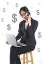 Successful businesswoman smile and very happy because success in the new project on white dollar background Royalty Free Stock Photo