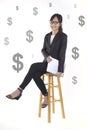 Successful businesswoman smile and very happy because success in the new project on white dollar background Royalty Free Stock Photo