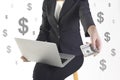 Successful businesswoman very happy because got money from success new project on white dollar background Royalty Free Stock Photo