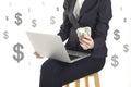 Successful businesswoman very happy because got money from success new project on white dollar background Royalty Free Stock Photo