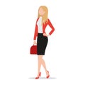 Successful businesswoman wearing black skirt and red blazer holding red handbag flat style icon isolated on white Royalty Free Stock Photo