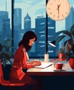 A businesswoman working in an office, vector illustration