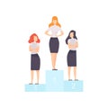 Successful Businesswomen Standing on Pedestal, Business Competition among Female Office Workers, Rivalry Between