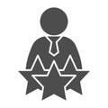Successful candidate solid icon. Man with tie and three stars glyph style pictogram on white background. Best selected