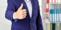 Successful career. Well done. Good job. Male hand show thumbs up sign. Success and approval concept. Gesture expresses Royalty Free Stock Photo