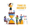 Successful checklist landing. Business people with task project plan checking board busy time garish vector web page