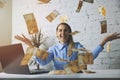 Successful business woman throwing euro banknotes in office. falling money Royalty Free Stock Photo