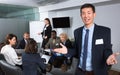 Successful business group with smiling Korean man foreground in meeting room Royalty Free Stock Photo