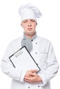 Successful chef holding a menu blank on a white