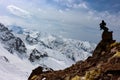 Successful climber and amazing snowy mountains