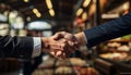 Successful Collaboration. Businessman and Engineer Shaking Hands in front of Grocery Shop