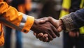 Successful Collaboration. Engineer and Construction Workers Shaking Hands at Industrial Plant