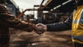 Successful Collaboration. Worker and Engineer Shake Hands at Construction Site