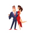 Successful confident businessman embracing a beautiful woman in a red dress cartoon vector Illustration on a white