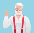 Successful confident businessman points to something with his finger. Happy smiling elderly man. Old gray-haired bearded