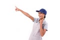 Successful, confident, exited woman worker pointing up