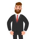 Successful confident happy businessman standing while smiling and thumb finger inside the pant or trouser pocket. Royalty Free Stock Photo