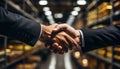 Successful Construction Partnership. Businessman and Engineer Shake Hands at Storehouse Royalty Free Stock Photo