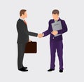 Successful deal concept. Two male businessmen shake hands with each other. Businessmen conclude a contract. Vector illustration, a