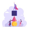 Successful Dream Team Concept. Businessman in Superhero Red Cloak Stand on Top of Pyramid made of Geometric Figures