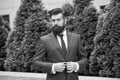 Successful entrepreneur. Business life. Man businessman classic style urban park background. Business man bearded wear