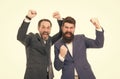 Successful entrepreneurship. Partnership project. Business team. Good mood and easygoing. Bearded businessmen in formal