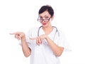 Successful female doctor pointing something Royalty Free Stock Photo