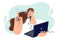 Successful female freelancer with laptop in hands points finger up, wanting to talk about new idea Royalty Free Stock Photo