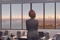 successful female office worker is standing in skyscraper interior against big window with city view