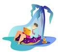 Successful freelancer is resting on an inflatable ring and confers online. Freelance and distance work concept