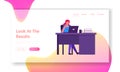 Successful Girl Company Worker Website Landing Page. Happy Woman Office Employee at Workplace Sitting at Desk