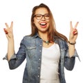 Successful girl gives thumb up with two hands Royalty Free Stock Photo